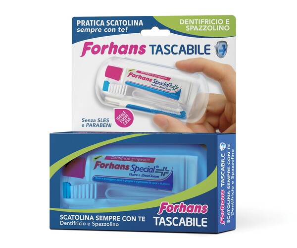FORHANS TRAVEL KIT TASCABILE COMPOSTO DA SPAZZOLINO DA VIAGGIO + FORHANS SPECIAL PASTA DENTIFRICIA TUBETTO 12,5 ML - farmagiri