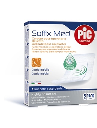 CEROTTO PIC SOFFIX MED IN TNT CON TAMPONE CENTRALE ASSORBENTE STERILE MONOUSO 10X10 CM ANTIBATTERICO 5 PEZZI - farmagiri
