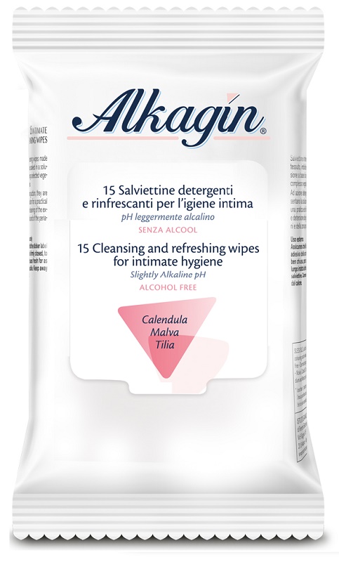 ALKAGIN SALVIETTINE DETERGENTI E RINFRESCANTI PER L'IGIENE INTIMA PH LEGGERMENTE ALCALINO SENZA ALCOOL 15 PEZZI CALENDULA MALVA E TILIA - farmagiri