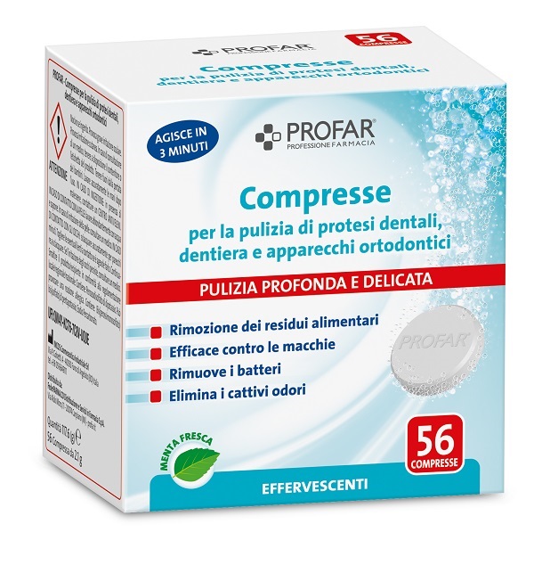 PROFAR COMPRESSE PULIZIA PROTESI DENTALI-DENTIERA-APPARECCHI ORTODONTICI 56 PEZZI - farmagiri