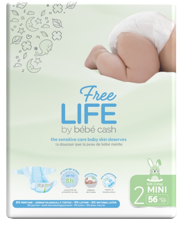 FREELIFE BY BEBECASH PANNOLINI MINI TAGLIA 2 3-6 KG GIROVITA 30-48 CM 56 PEZZI - farmagiri