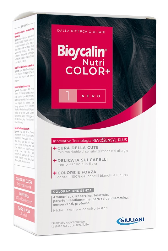 BIOSCALIN NUTRICOLOR PLUS 1 NERO CREMA COLORANTE 40 ML + RIVELATORE CREMA 60 ML + SHAMPOO 12 ML + TRATTAMENTO FINALE BALSAMO 12 ML - farmagiri