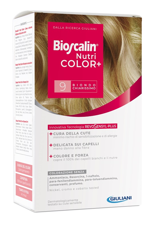BIOSCALIN NUTRICOLOR PLUS 9 BIONDO CHIARISSIMO CREMA COLORANTE 40 ML + RIVELATORE CREMA 60 ML + SHAMPOO 12 ML + TRATTAMENTO FINALE BALSAMO 12 ML - farmagiri