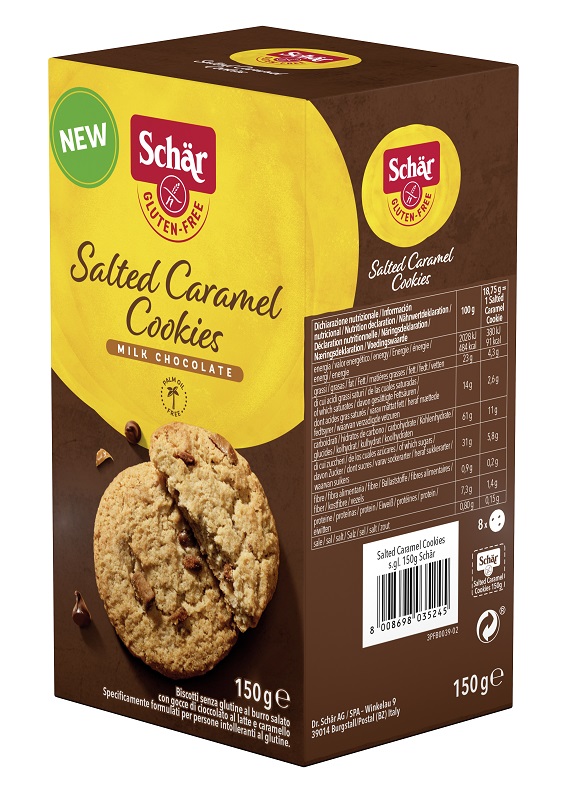 SCHAR SALTED CARAMEL COOKIES CON GOCCE DI CIOCCOLATO AL LATTE E CARAMELLO 150 G - farmagiri